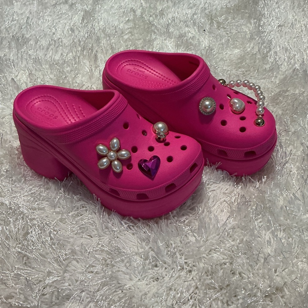 CROCS Pink Platform Clogs with Pearl Accents